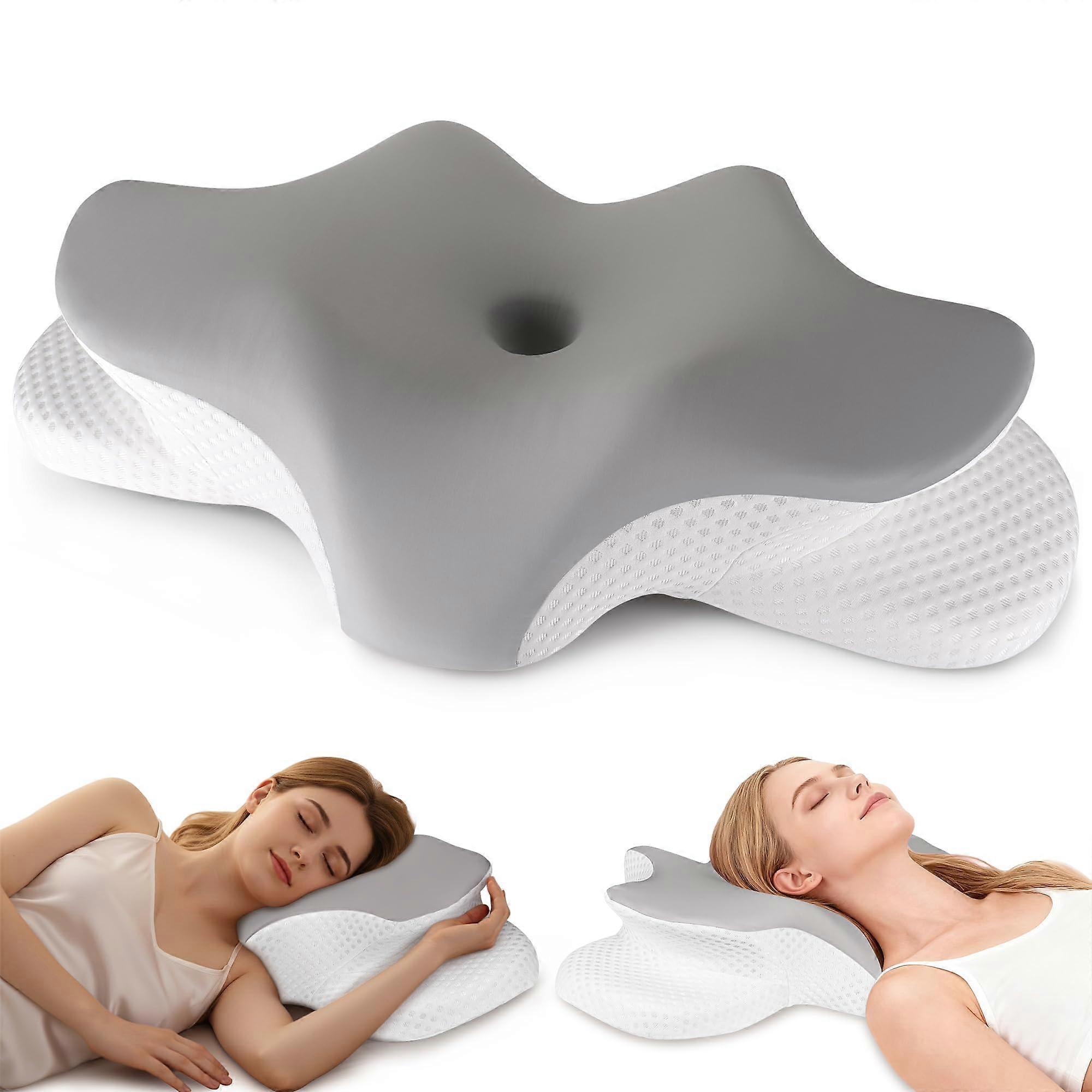 Cervical Pillow for Neck Pain Relief with Hollow Contour, Dual Height Memory Foam, Breathable Ice Silk Cover for Side and Back Sleepers, Grey