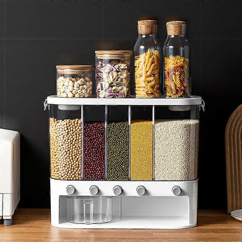 Rice Dispenser with Airtight Seal, 5Grid Wall Mounted Dry Food Storage Container, 33 Lbs White
