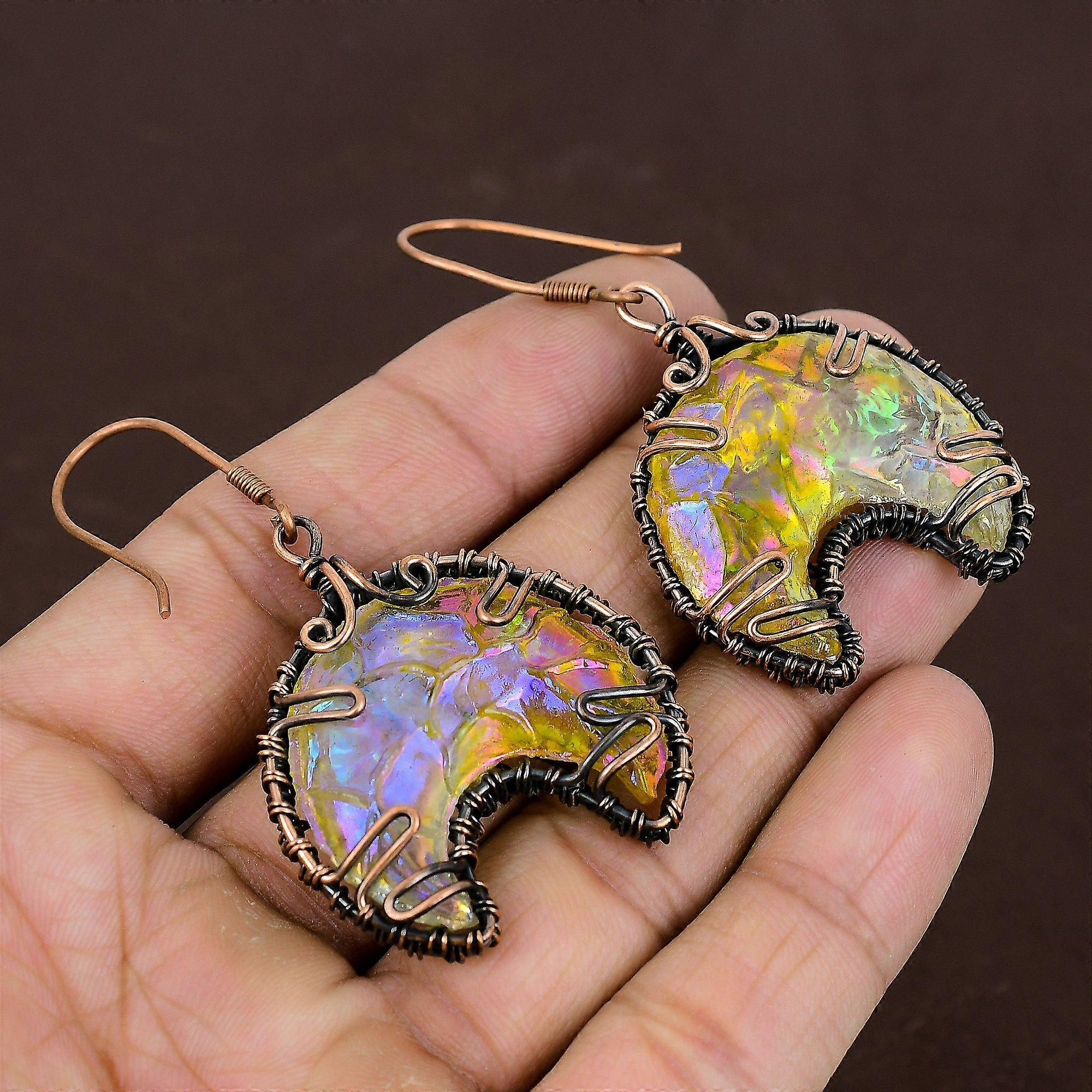 Natural Titanium Druzy Gemstone Handmade Copper Wire Wrap Earring 2.56" o7o31