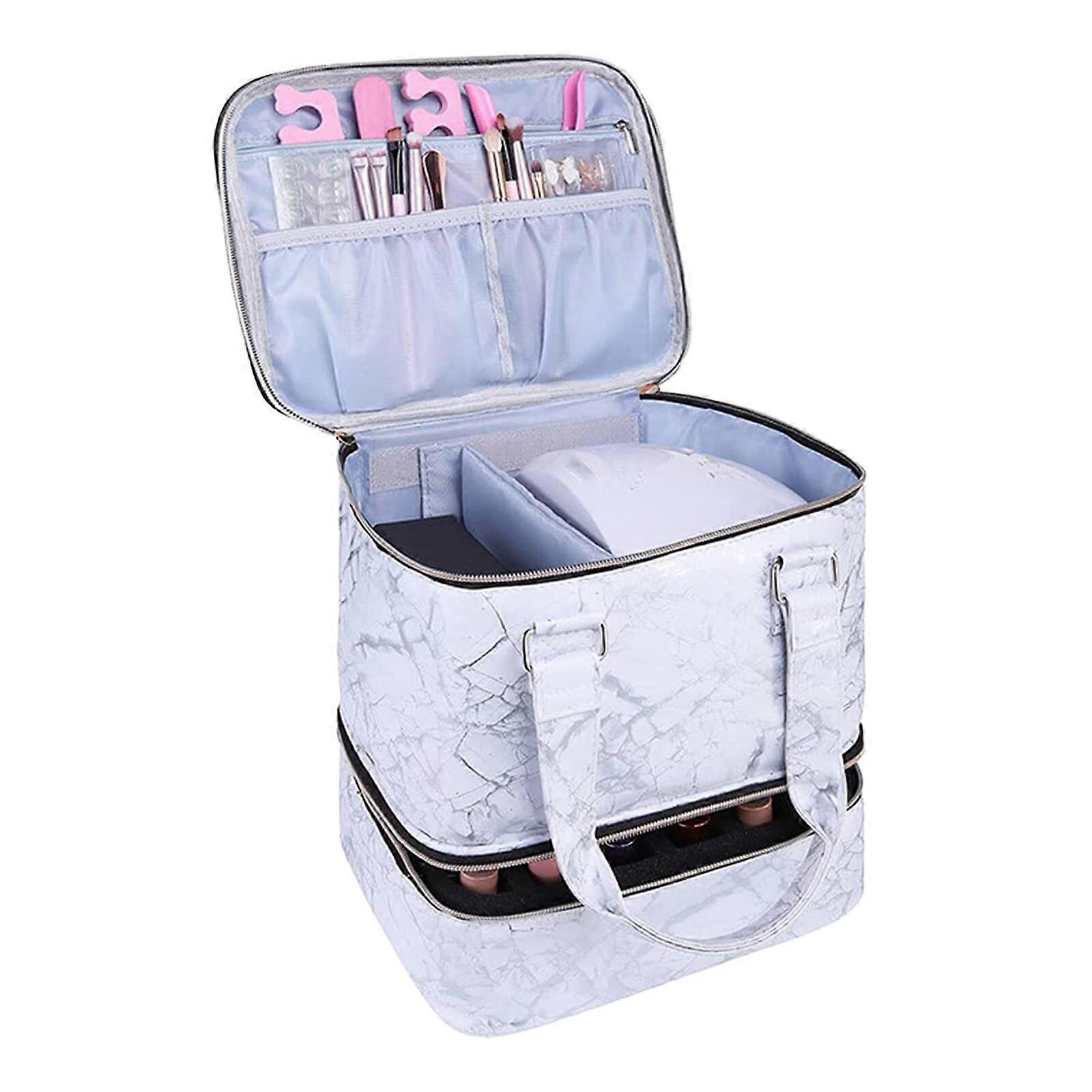 Nail Polish Organizer Case Dual Layer Storage with Lamp Compartment Large Capacity White