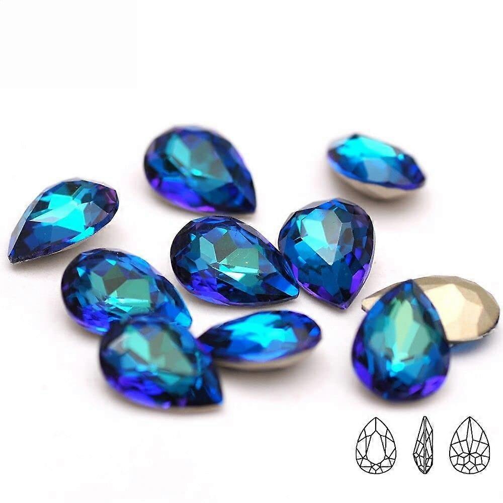 Press On Nails with Bermuda Blue Rhinestones, Full Coverage Tips for Durable 3D Nail Art