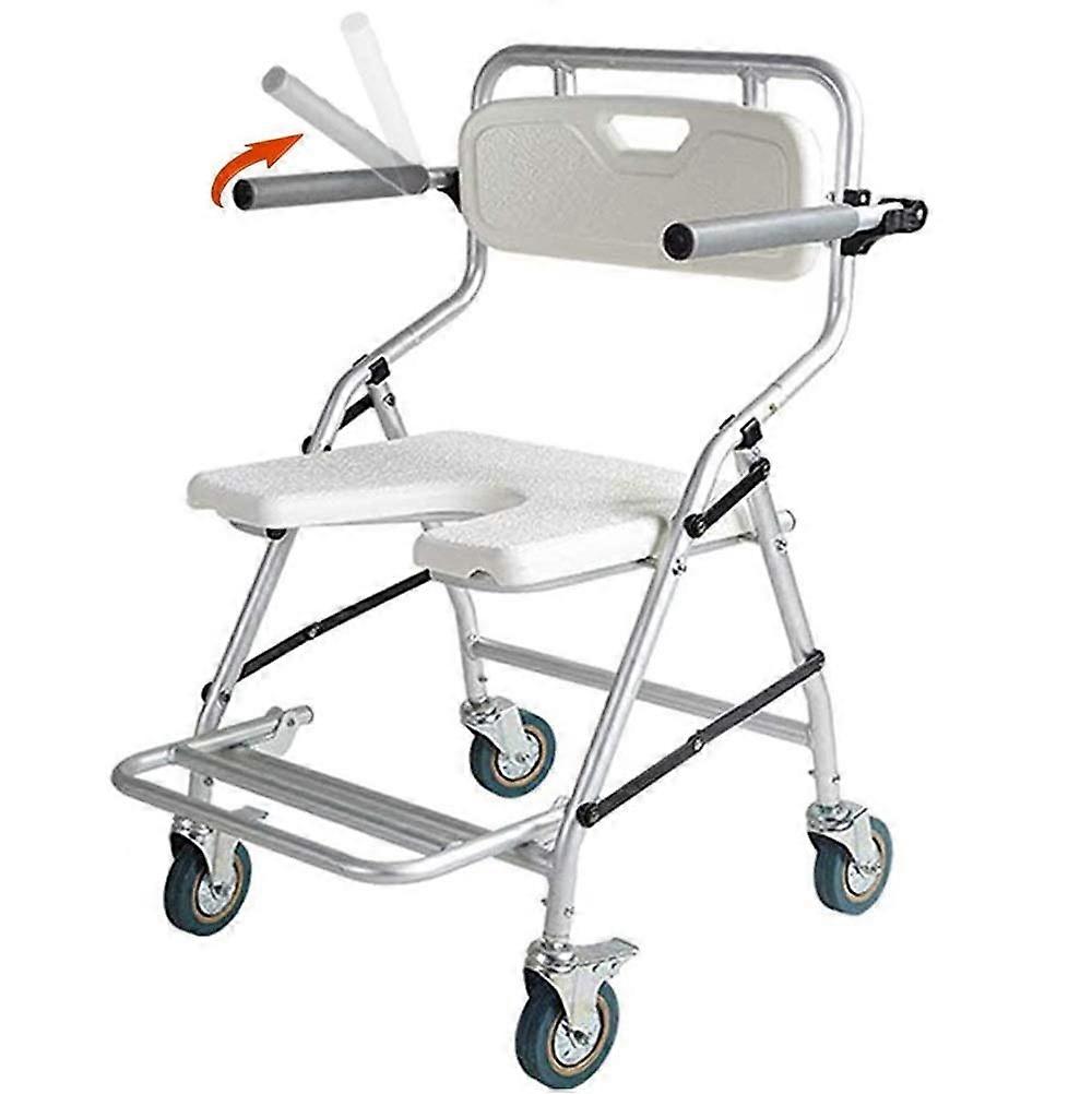 Foldable Shower Commode Chair with Wheels, Adjustable Waterproof Seat for Elderly and Disabled