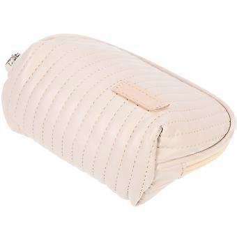 Trousse à maquillage en PU beige, idéale pour les voyages et le rangement.