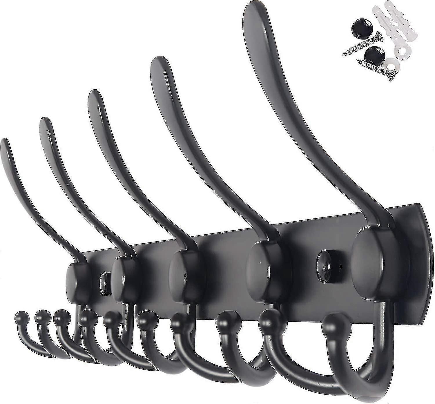 Wall-Mounted Black Coat Rack with 5 Tri Hooks