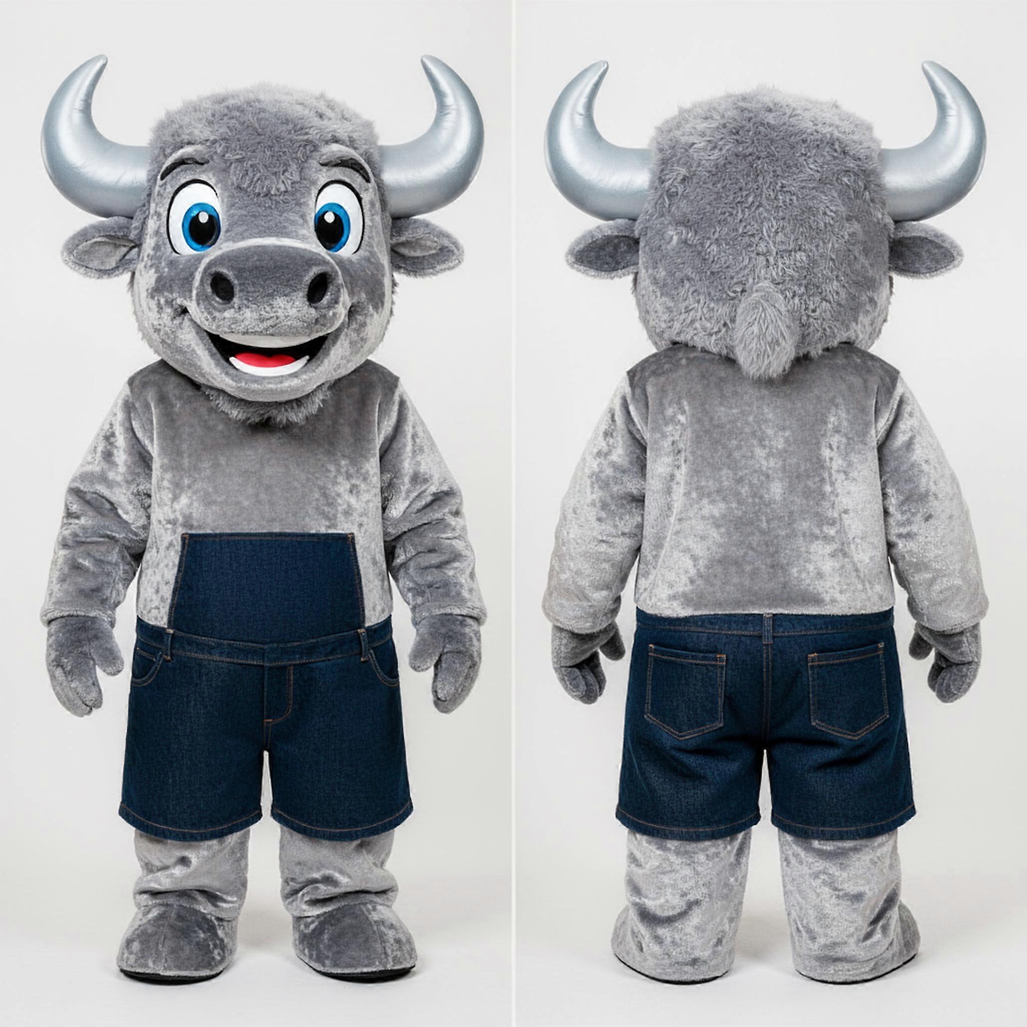 MASTICOT Silver Velvety Cartoon Bison Mascot