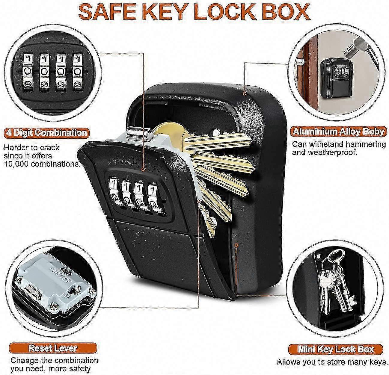 Wall Mounted Secure Key Box Mini Outdoor Key Safe Key Box with 4 Digit Numeric Code Resettable Waterproof Key Case (Black)