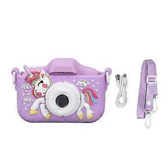 Robust children's camera. Toy. Digital photo and video recorder. Portable camcorder with a cute cartoon pattern. Purple. Smart.