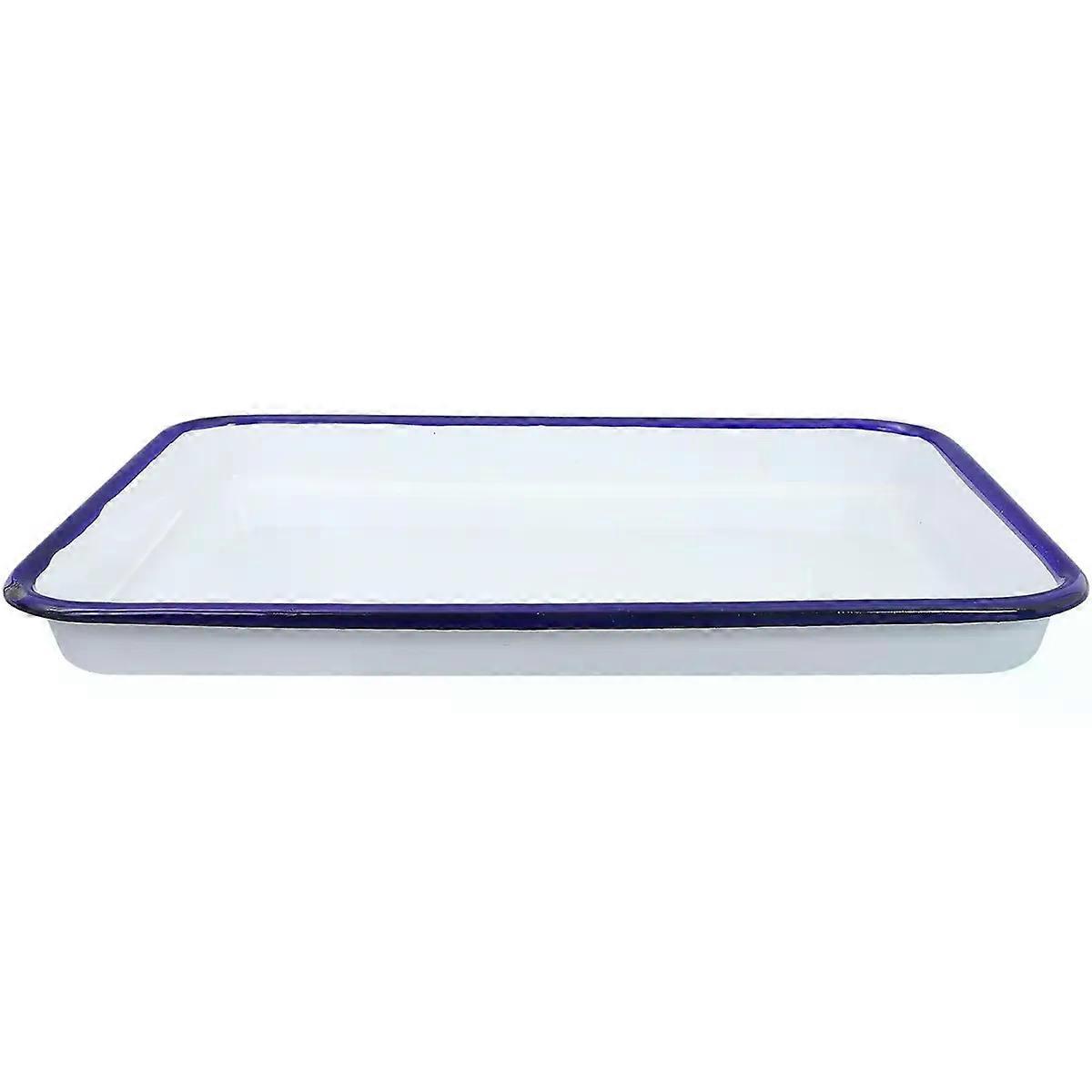 Large Rectangular Enamel Serving Tray, White Food Platter for Kitchen