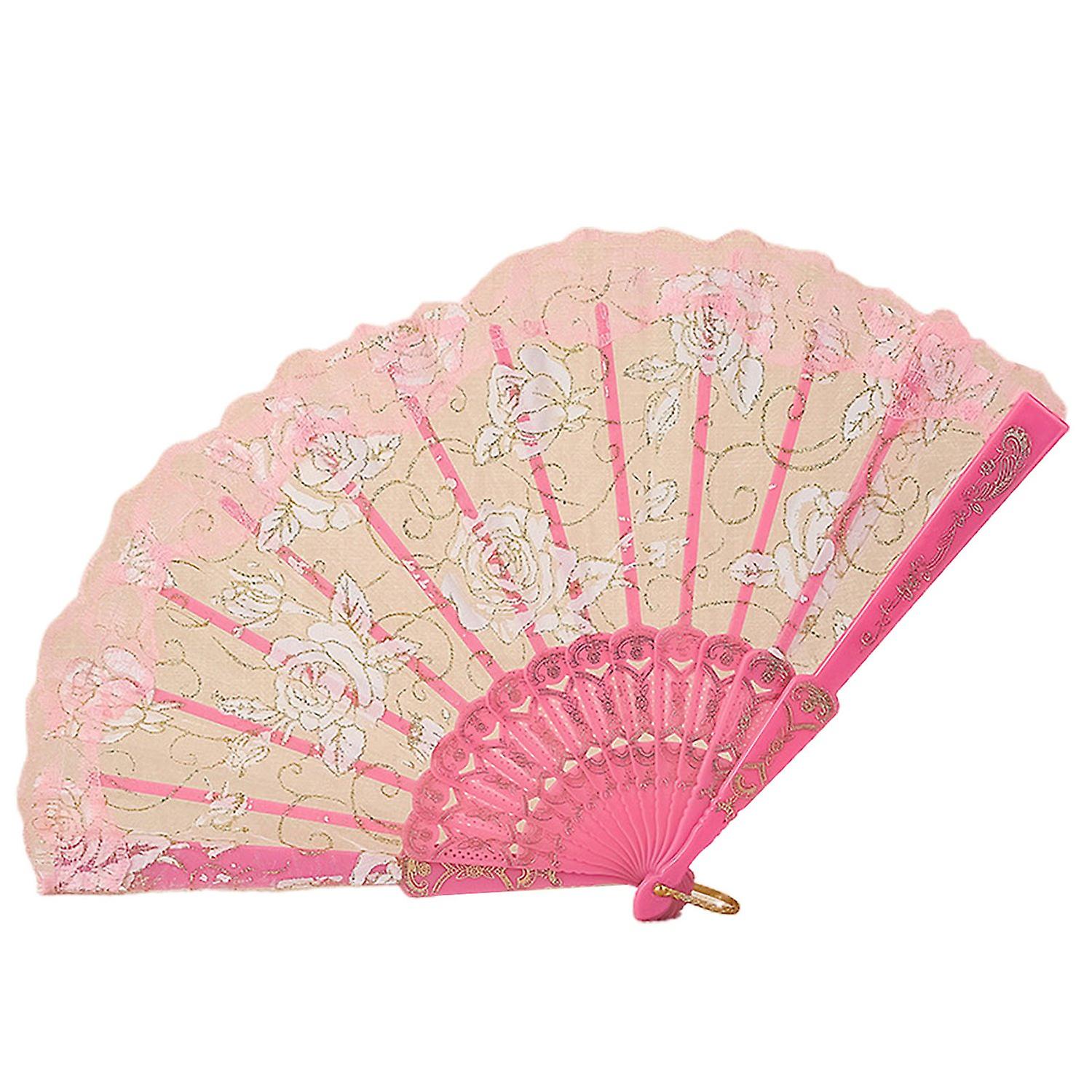 Folding Fan with Hanging Ring Smooth Opening Not Easily Scattered Easy to Grasp Lace Trim Rose Patte