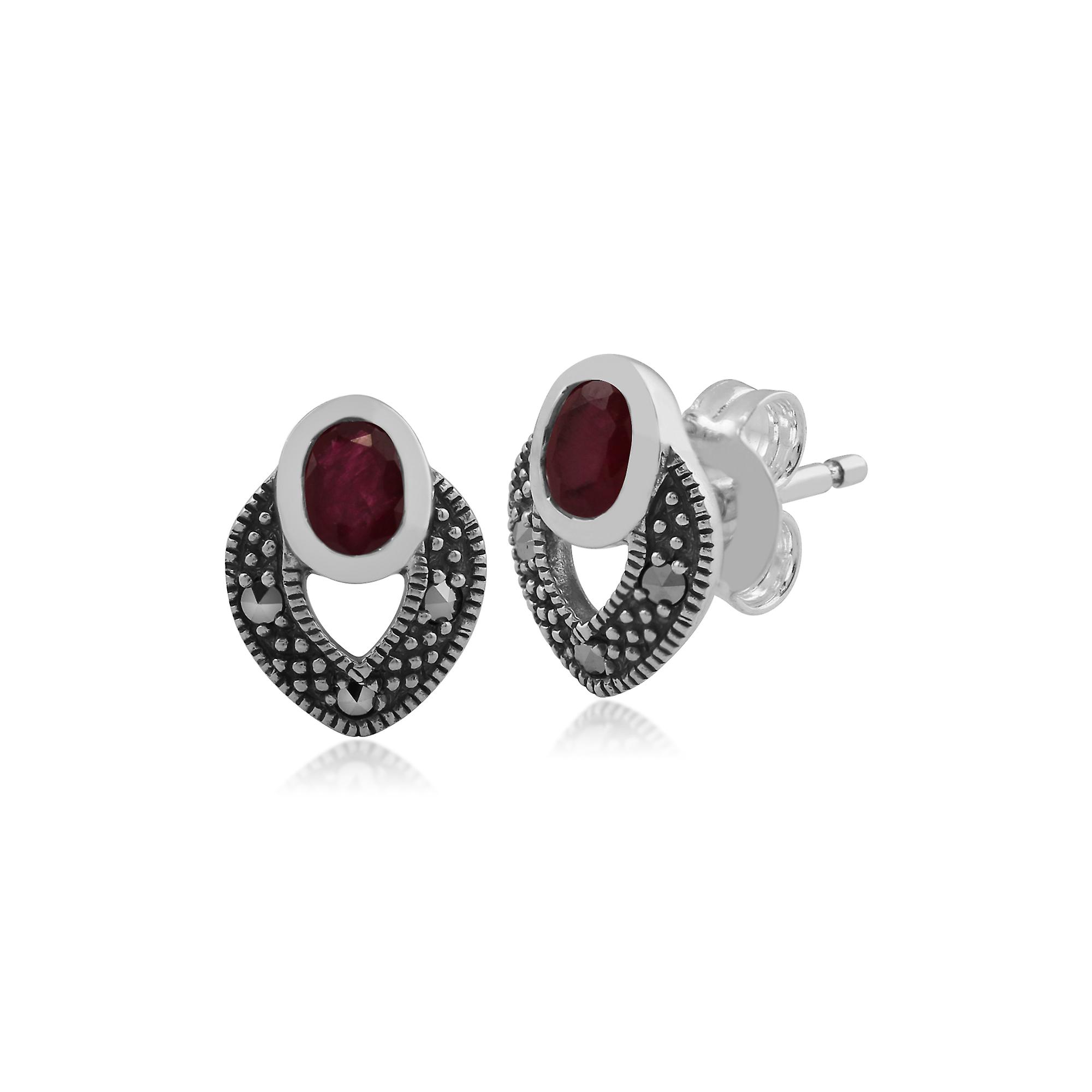 Art Deco Style Oval Ruby & Marcasite Stud Earrings in 925 Sterling Silver 214E717809925