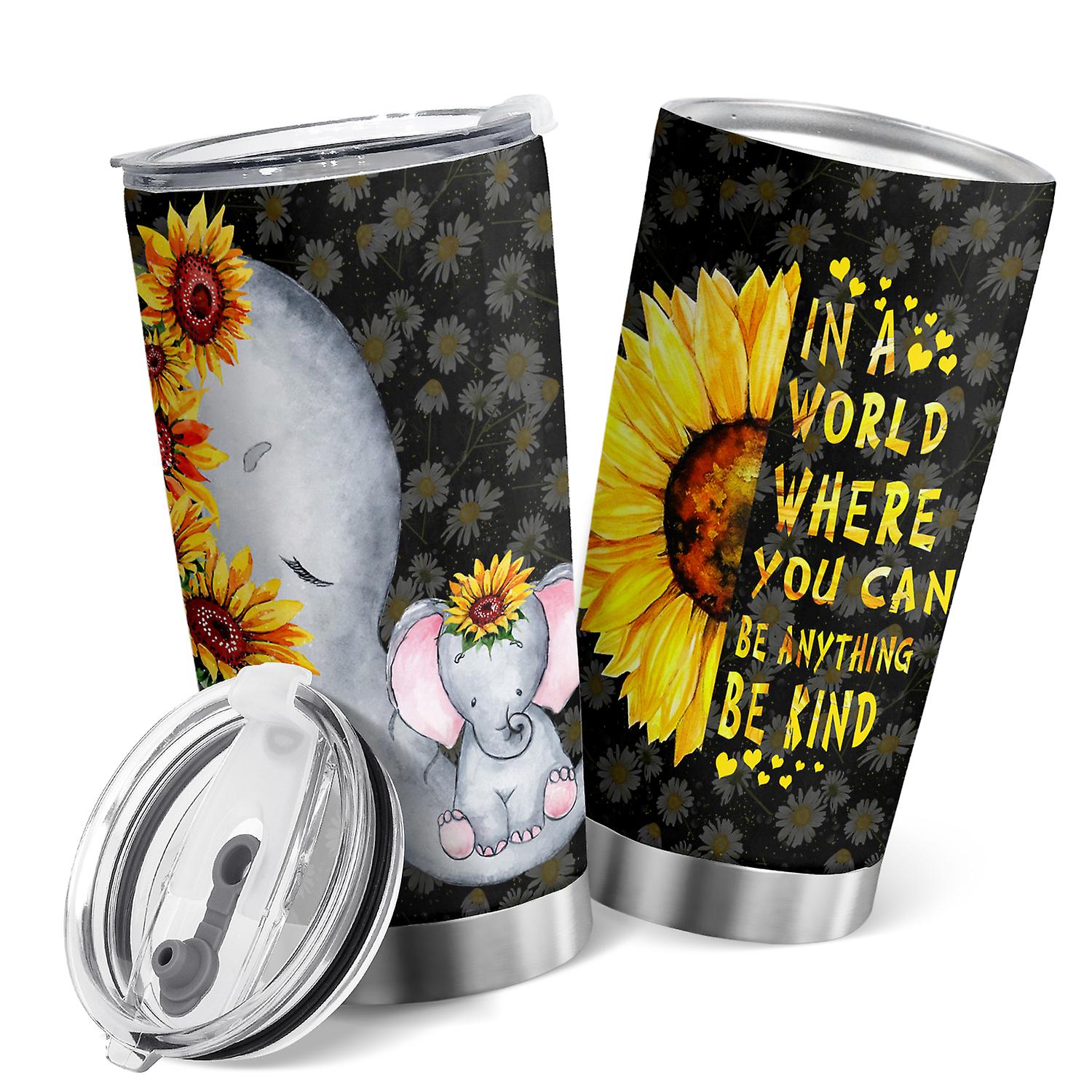 Oasisdream Sunflower Elephant Tumbler with Lid Double Wall Vacuum Insulated Cup 20oz