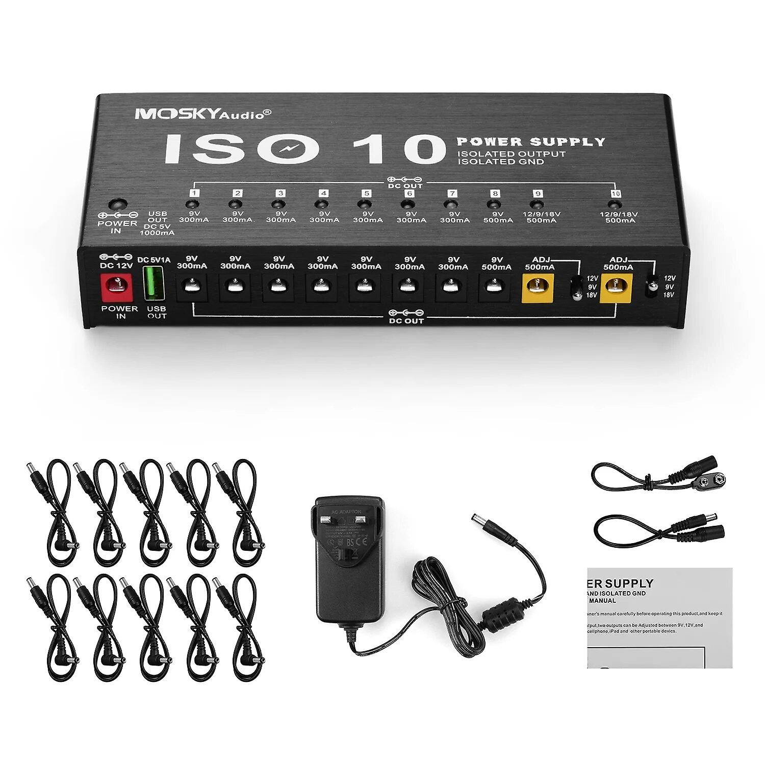 Moskyaudio Iso-10 Portable Effect Power Supply Station 10 Isolated Dc Outputs Usb Output For 9v 12v 18v Guitar Effects