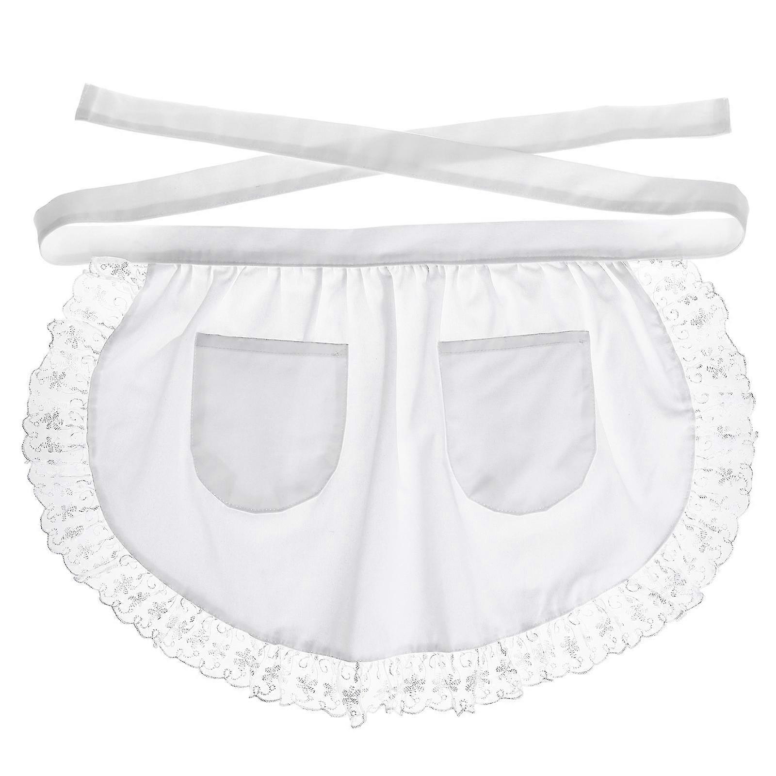 Cotton Waist Apron Lace Short Apron with Pockets for Maid Waitress Servant (White)