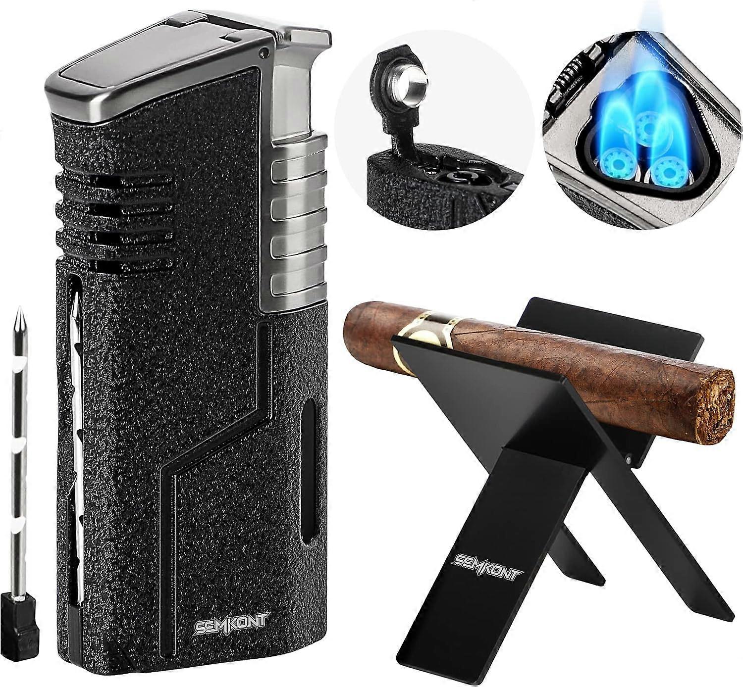 Cigar Lighter, All in 1 Windproof Lighter with Cigar Punch and Cigar Draw Enhancer, Triple Flame Torch Refillable Butane Lighter-Butane Not Included
