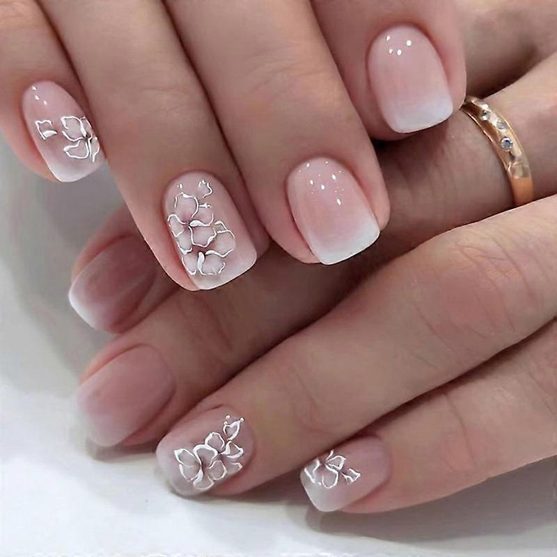 Short Press on Nails Square with Flower Designs False Nails