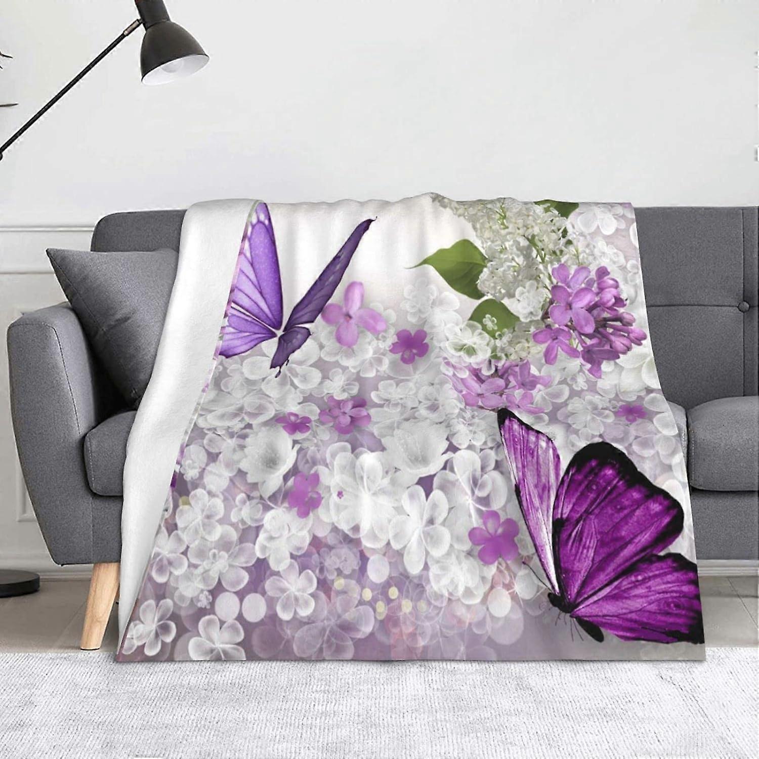 Purple Butterfly Throw Blanket, Soft Lightweight Flannel Blanket for Sofas, Bed, Settees-GBNH548