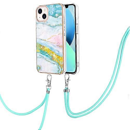 For iPhone 15 Electroplating Marble Pattern IMD TPU Shockproof Case with Neck Lanyard