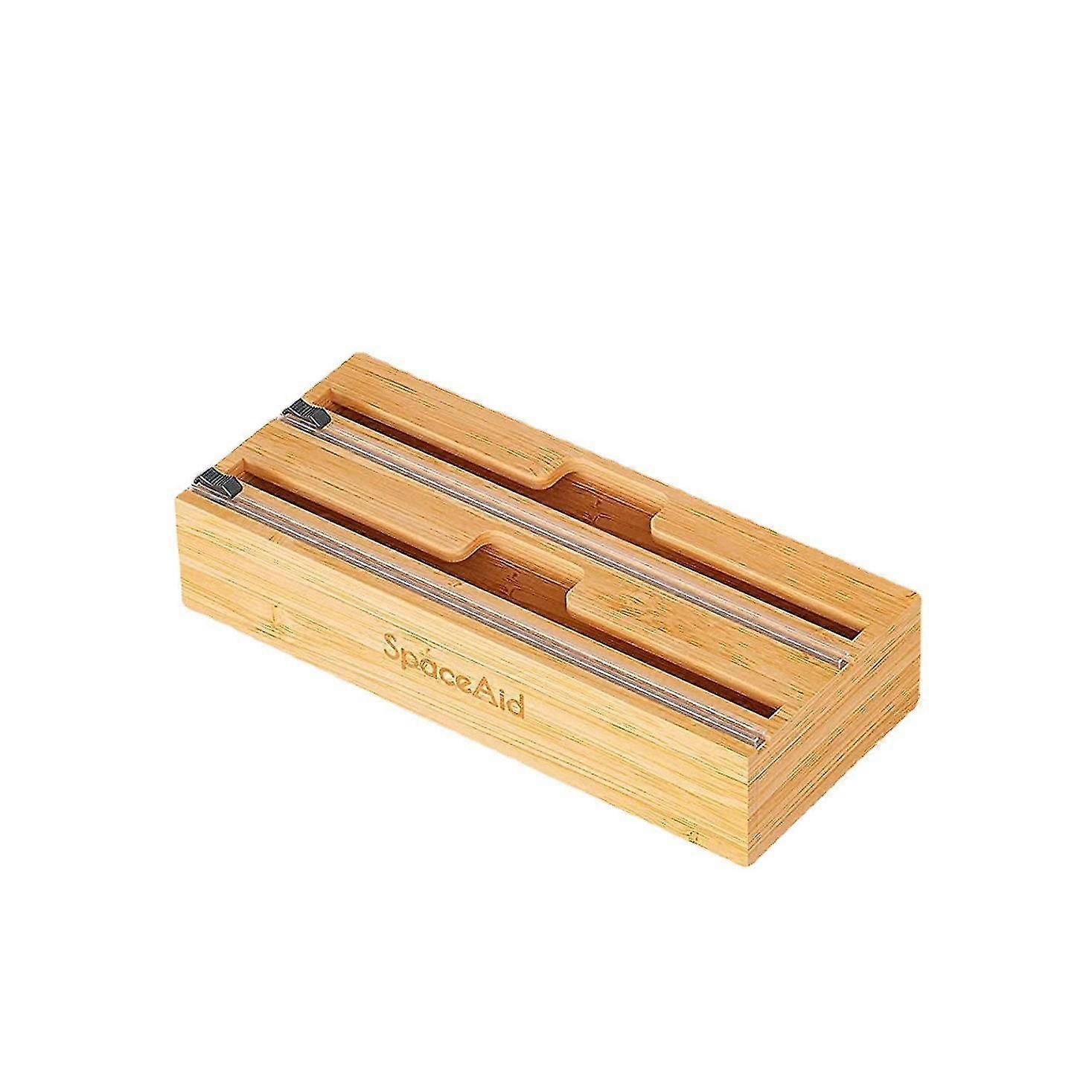 Wabjtam 2-in-1 Wrap Dispenser With Cutter And Label, Plastic Wrap, Foil And Wax Paper Dispenser For Kitchen Drawers, Bamboo Roll Organizer