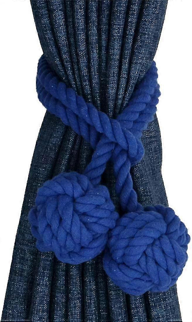 2pcs Drapery Hold Backs Hand Knitting Braided Curtain Tiebacks With Double Ball Cotton Rope Tassel- Blue