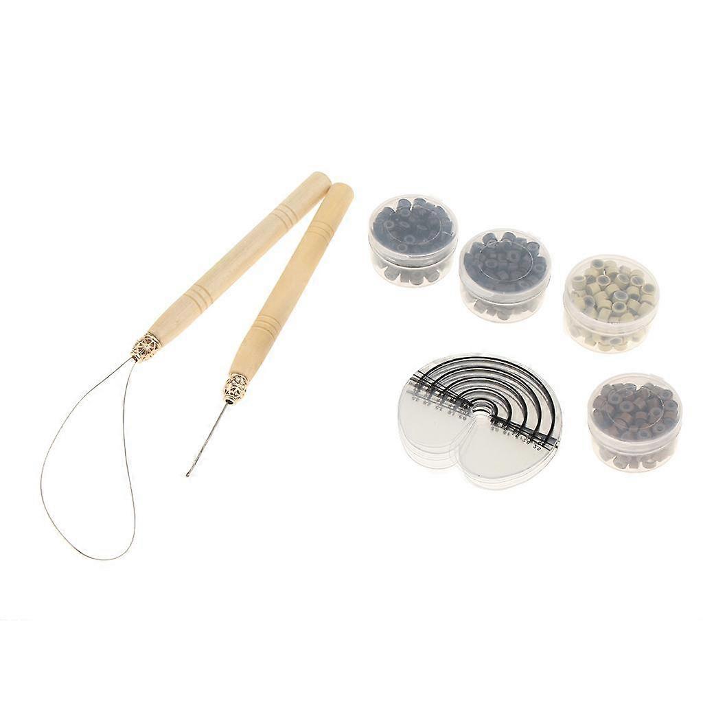 Hair Extension Tools Set Wood Hook Pulling Needle Loop Threader + 500 Micro Link Beads+ 10x Heat Shield Guards