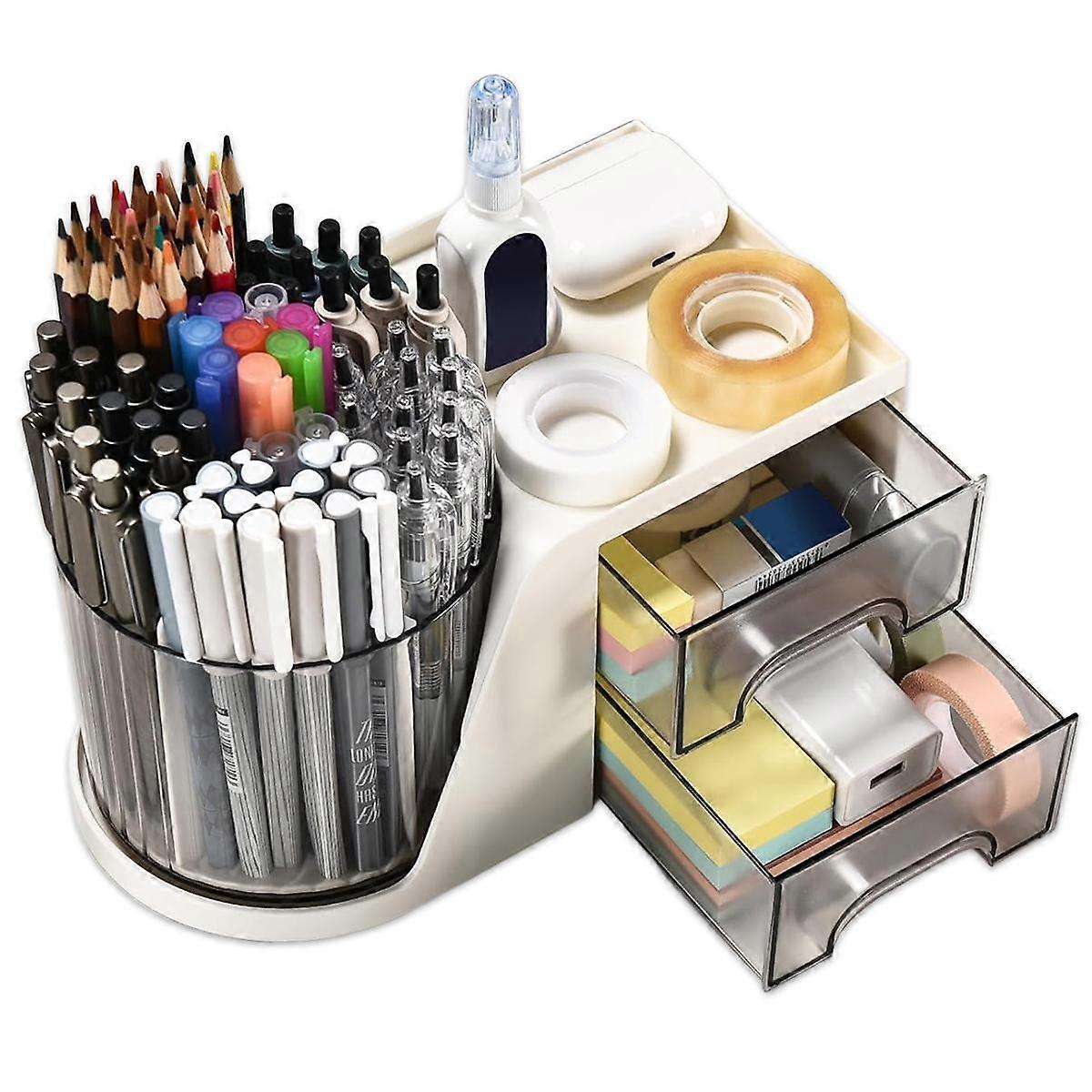 Rotating Desk Organizer with 2 Drawer, Pencil Pen Holder for Desk, Desk Organizers and Accessories with 4 Compartments + Drawer for Office Home Art Su
