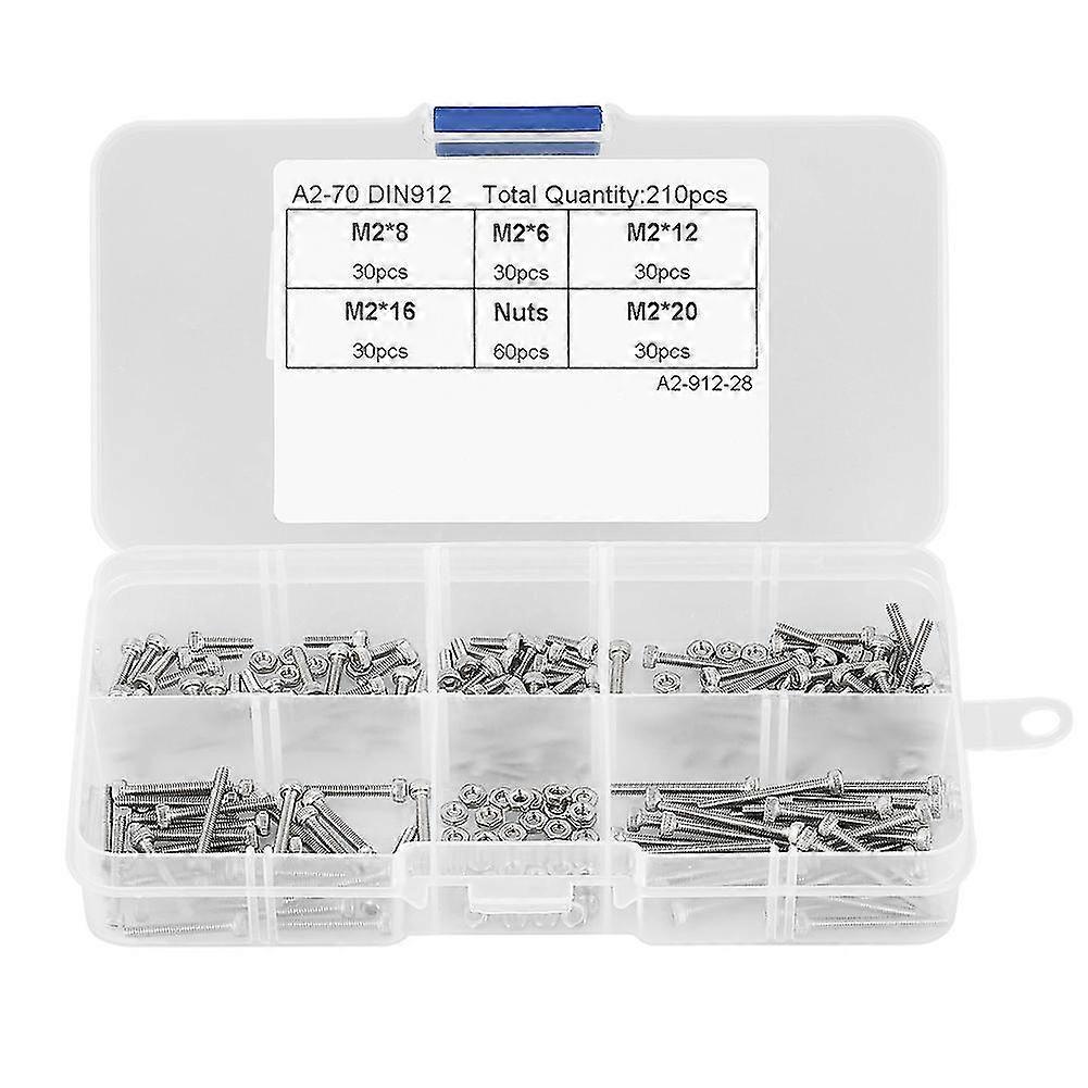 210pcs M2 304 Stainless Steel Hex Socket Cup Head Bolt Screws Nuts Assortment Kit
