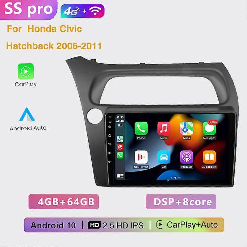 2DIN 4+64G Car radio Android multimedia player Carplay Auto GPS navigation NO DVD for Honda Civic Hatchback 2006 2007 2008-2011