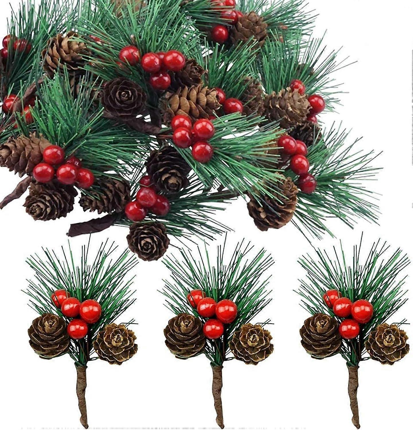 Pack of 20 small artificial pine branches with berries and pine cones. Ideal for Christmas decoration, Christmas decoration, Advent decoration, outsid