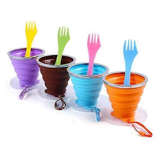 Folding Cup Set with 4 Reusable Spoons, Silicone Folding Cup for Drinking Coffee Water, Portable Folding Cup with Lid, BPA Free, 9.22 Ounces
