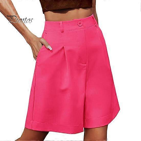 Summer Women Shorts Elastic High Waist Loose Side Pockets Straight Above Knee Length Soft Solid Color Breathable Daily Casual Business Office Shorts
