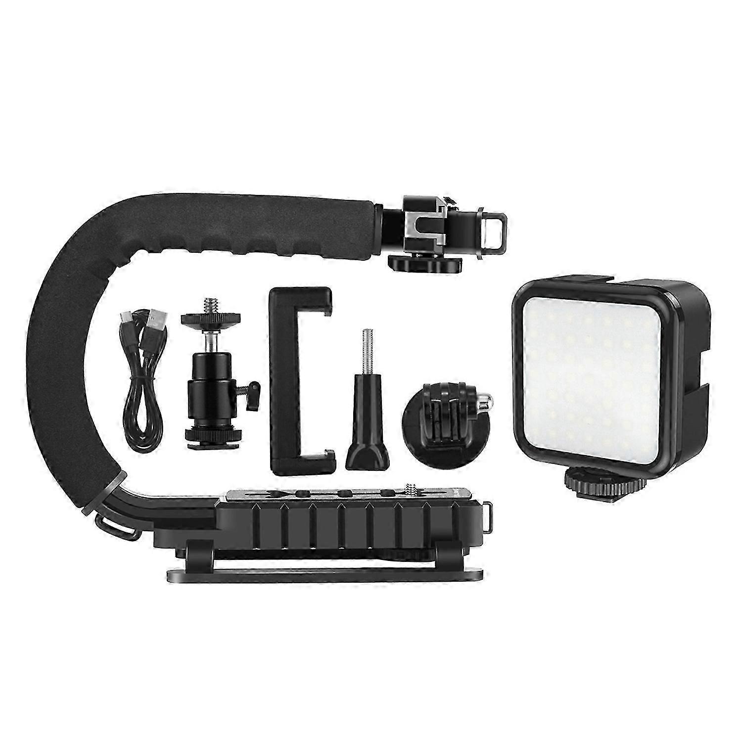 Portable Handheld DV Camera Bracket Stabilizer + LED Fill Light Kit with Cold Shoe Tripod Head for