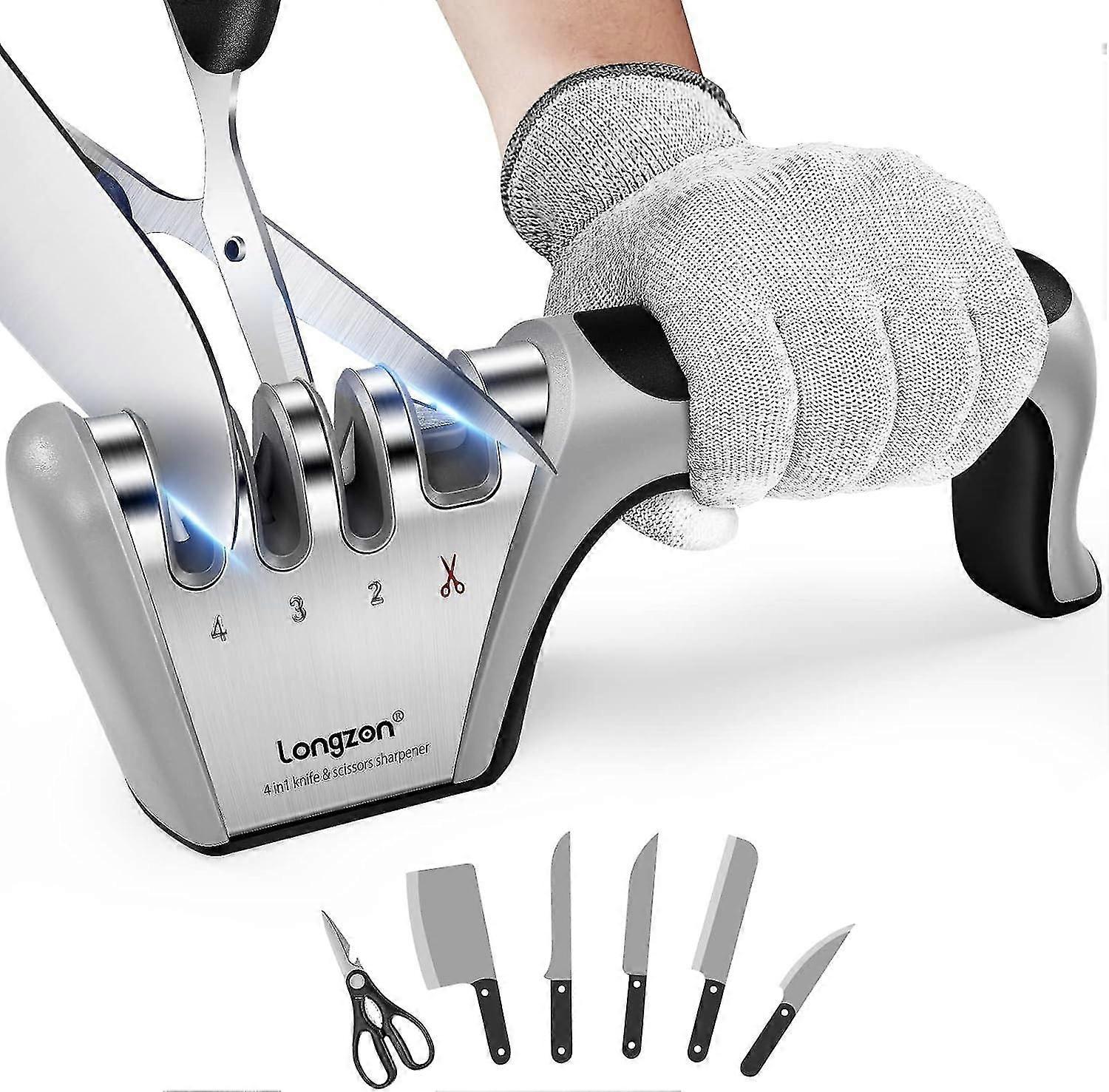 Knife sharpener, 4 levels Manual knife sharpener with anti-cutting gloves for coarse sharpening and