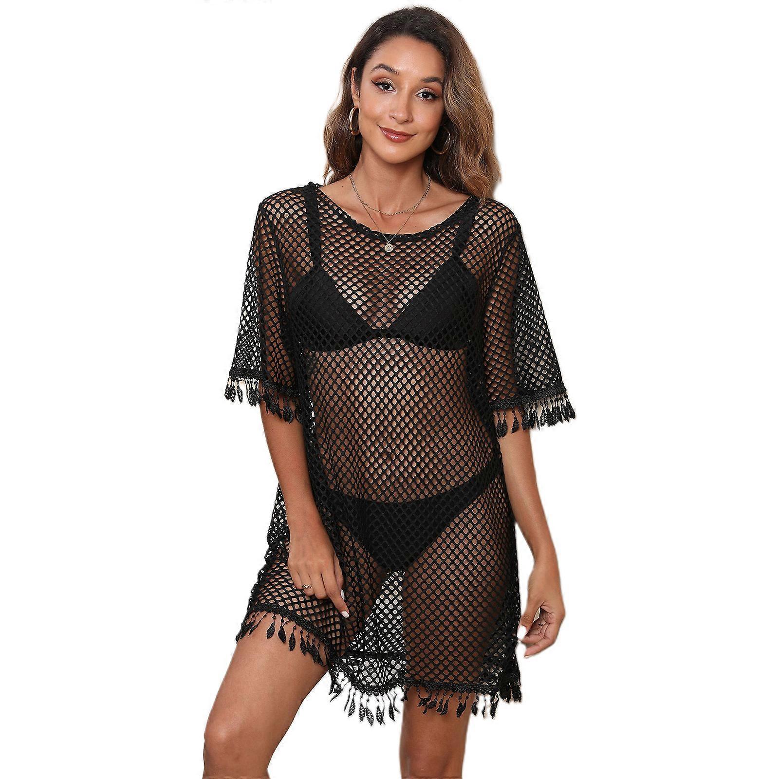 Womens Tassels Beach-Dress Flowy Hollow Mesh Bathing Suit Cover Up Sexy See  Through Bikinis Cover Up for Summer Vacation Black L | Fruugo UK