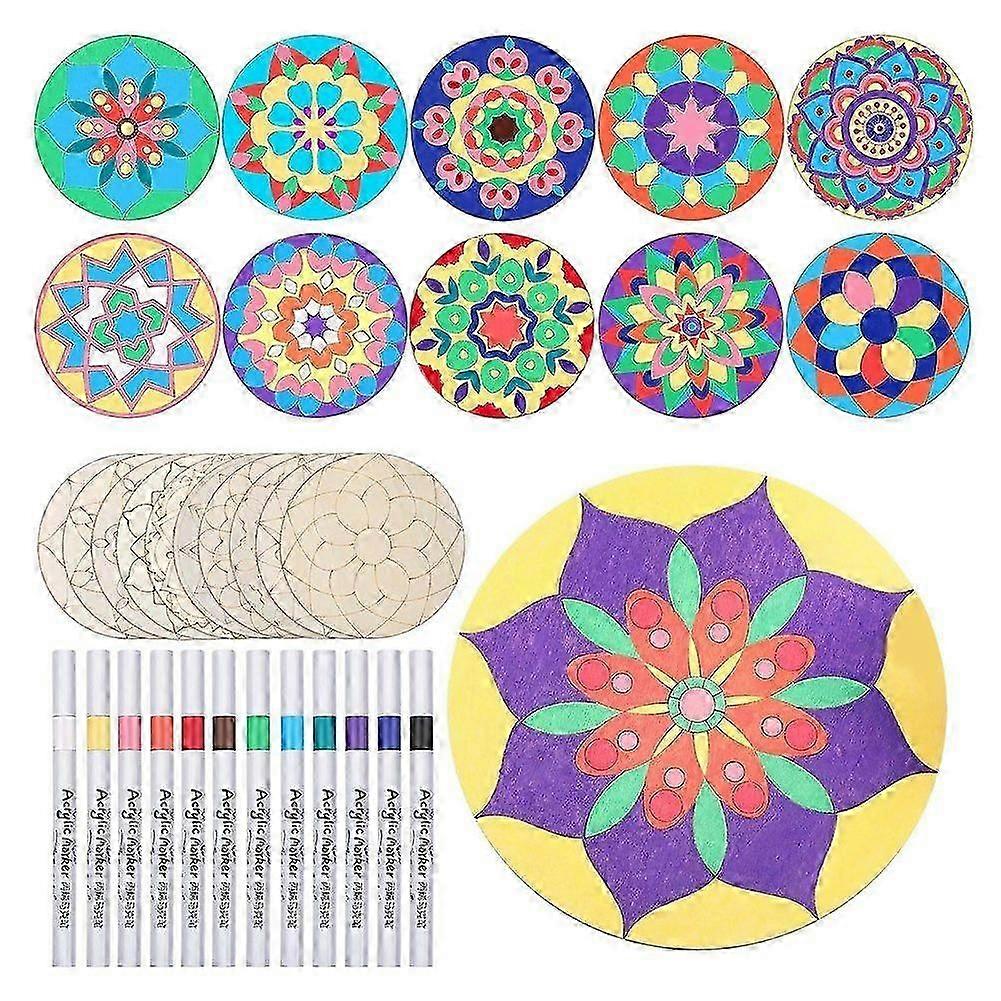 22 قطعة من مجموعة طلاء ماندالا الخشبية 10 قواطع خشبية غير مكتملة من ماندالا مع 12 علامة للحرف اليدوية Ma