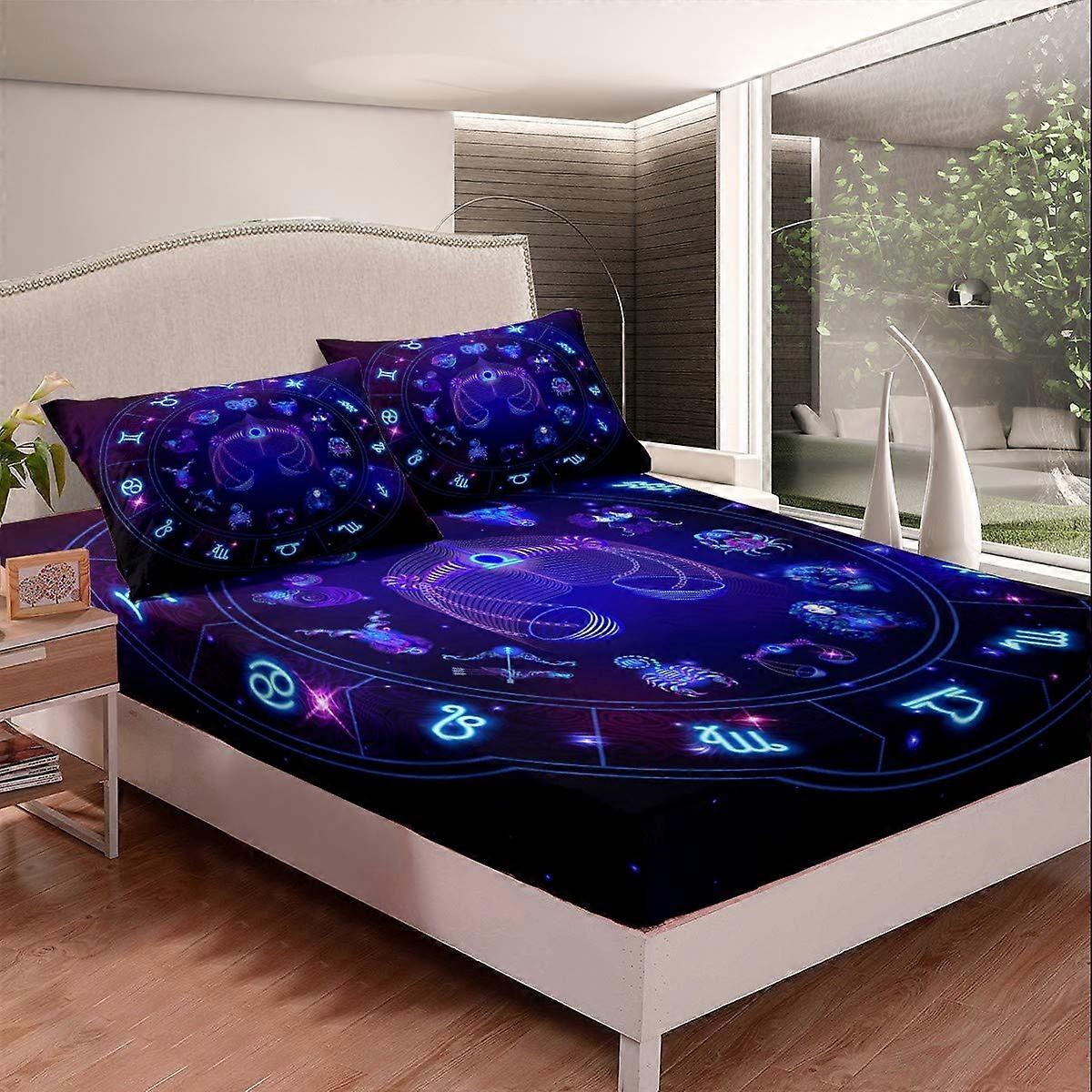 Constellation Bedding Fitted Sheet Twin Size Cosmic Zodiac Galaxy Design for Kids Bedroom Decor