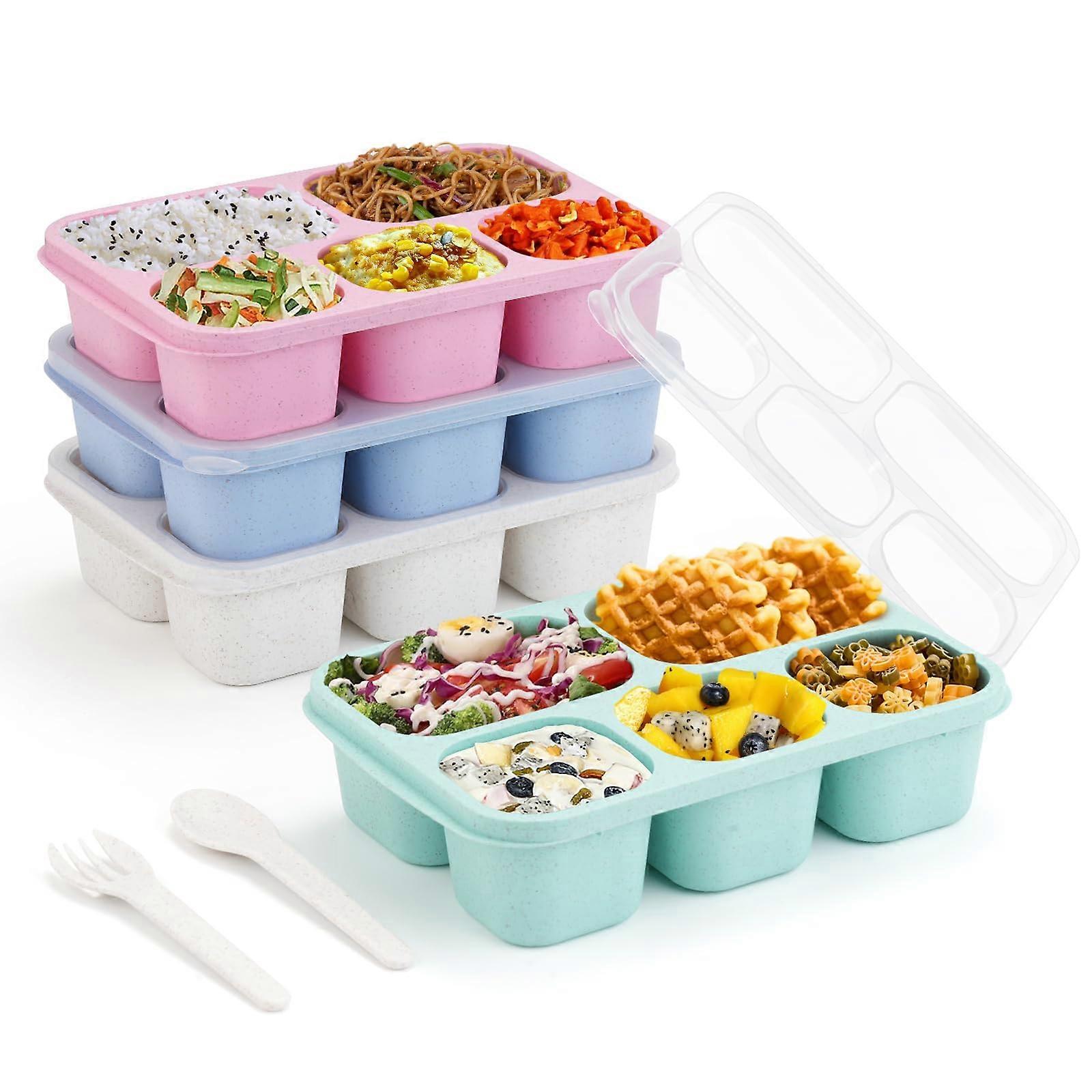 4 Pack Reusable Wheat Straw Bento Snack Box for School 5-Compartment