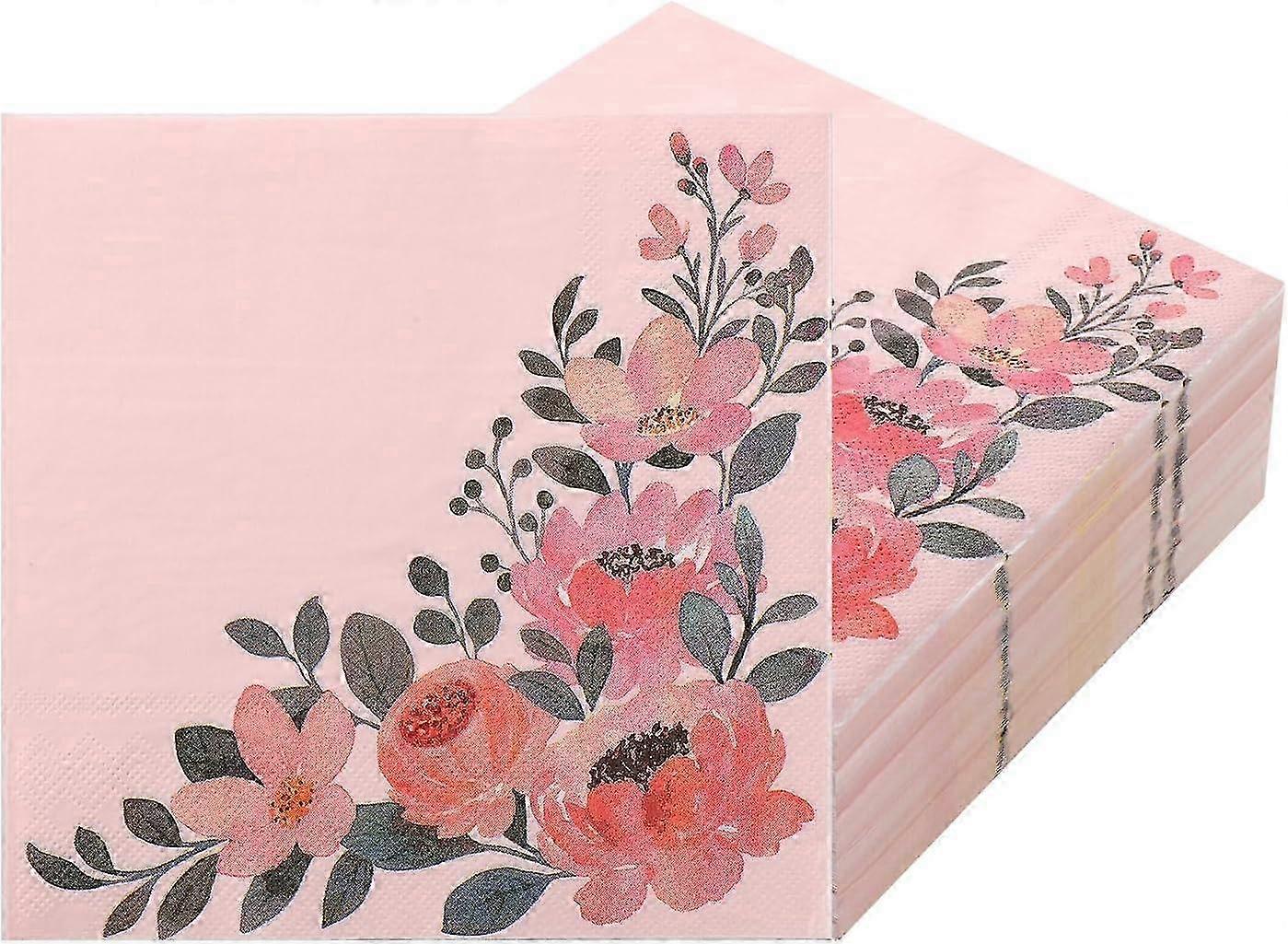 JiaWei 100 قطعة مناديل ورقية زهرية قديمة ، مناديل يمكن التخلص منها زهرة برية 2 رقائق مناديل ضيف زهرية ربيع وردية مزخرفة لحفل شاي عرين الزفاف