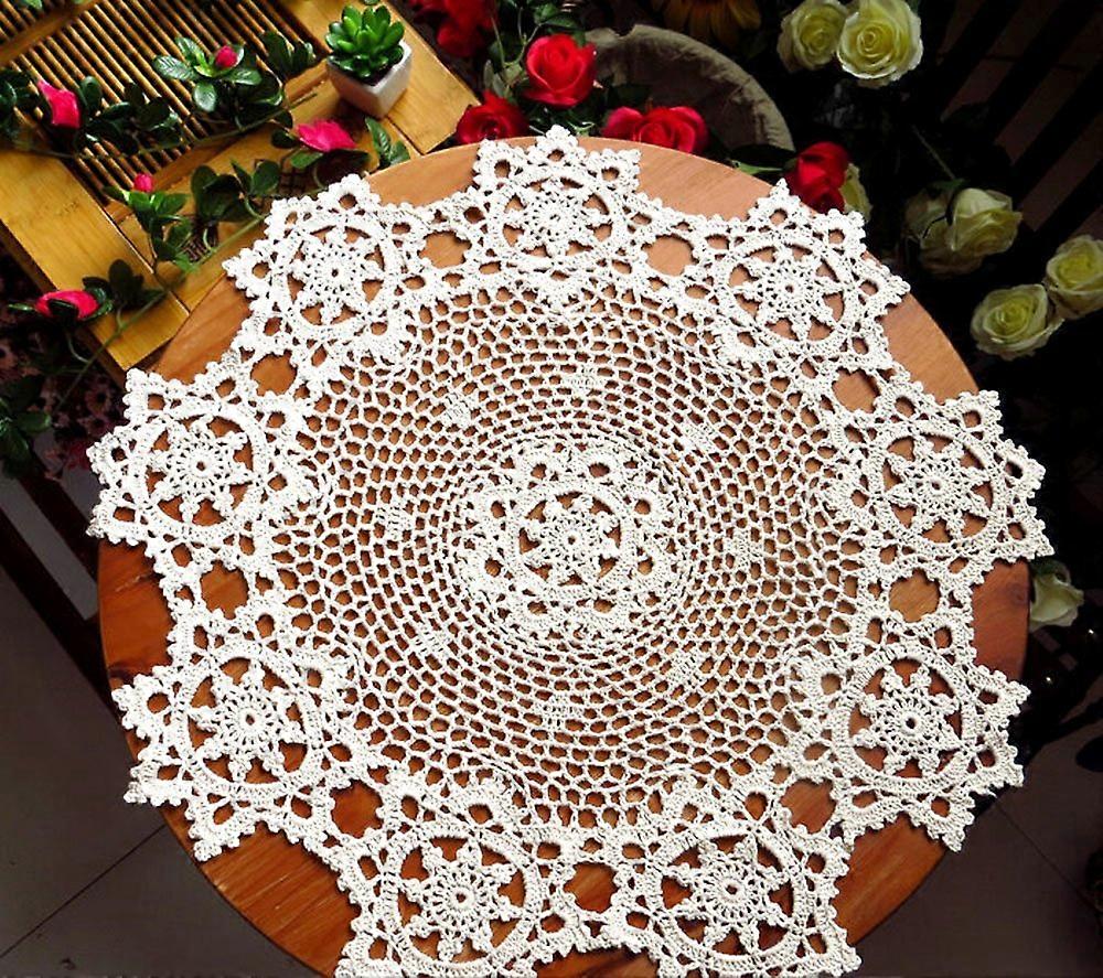 Handmade Crocheted Lace Round Sunflower Table Diaper Doil, 24 inch, White