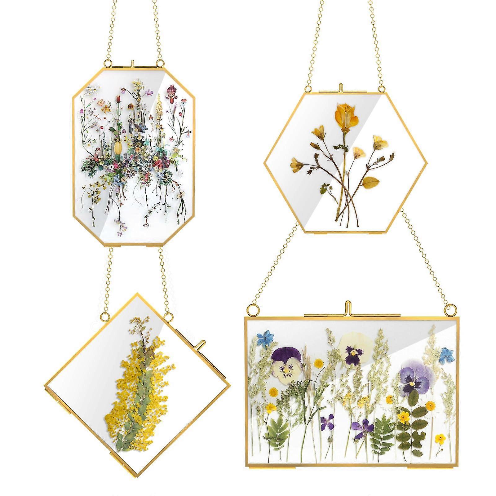 4 Pcs Glass Picture Frame for DIY Pressed Flower,Golden Hanging Photo Frame with Chain