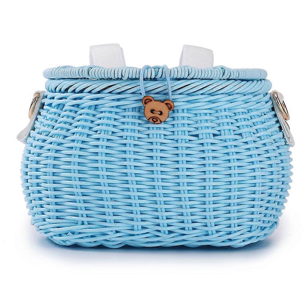 Bicycle Basket for Children, Sky Blue Woven Backpack with Lid, Flexible Plastic Braided Basket for Scooters and Tricycles