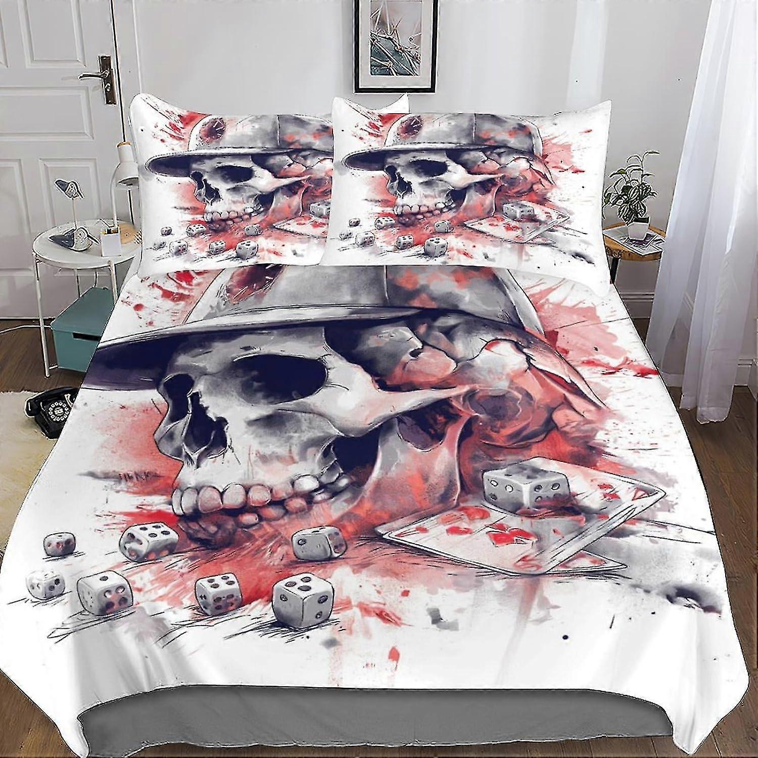 Conjunto de capa de edredom de 3 peças com impressão de caveira 3D e fecho de zíper oculto, roupa de cama de microfibra para meninos e meninas
