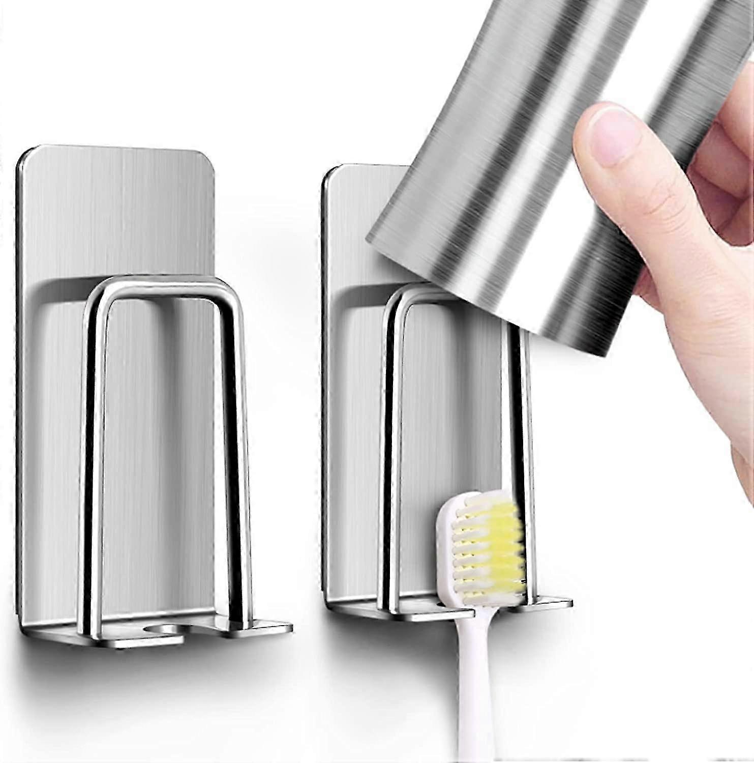 2pcs Wall Mount Multifunctional Stainless Steel Waterproof Toothbrush Holder