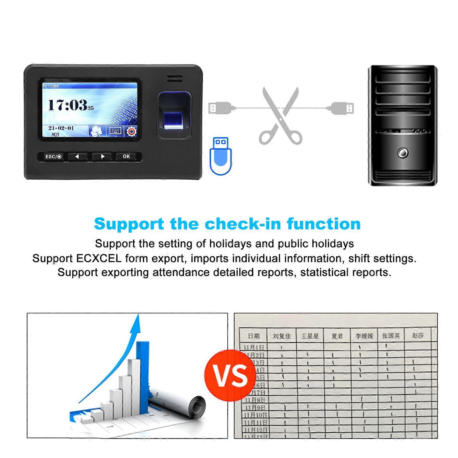 4.3in TFT Screen Time Attendance Password Fingerprint Recognition Office Clock Recorder Independent Type 110‑270VUS Plug