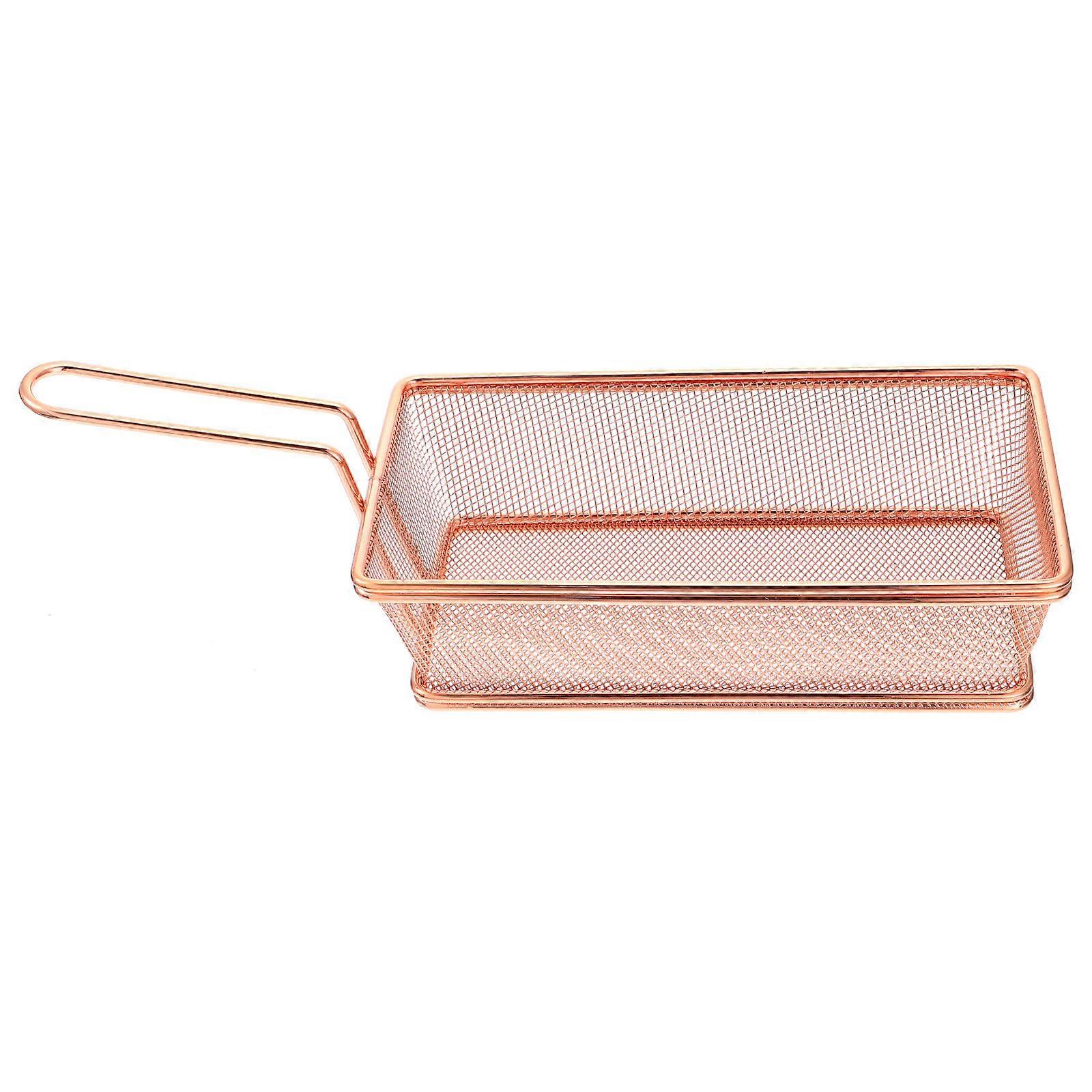Stainless Steel Food Strainer Fry Basket for French Fries, Chicken Fingers & Snacks – Long Rectangular Rose Gold Kitchen Tool for Serving