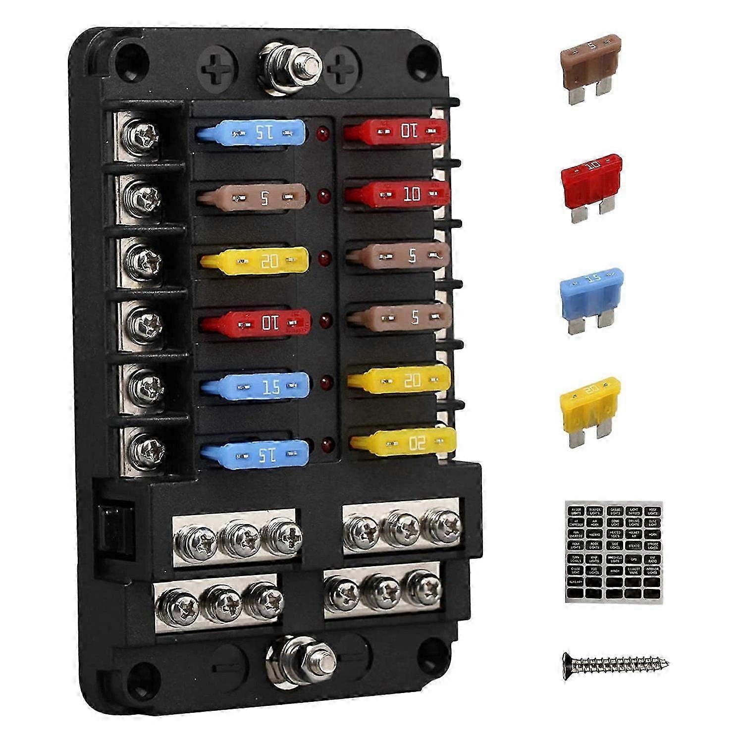 12V 12 Way Marine Fuse Block Panel with Ground Terminal & 12 Volt Fuse Box for Car, Automotive, Boat and RV Applications