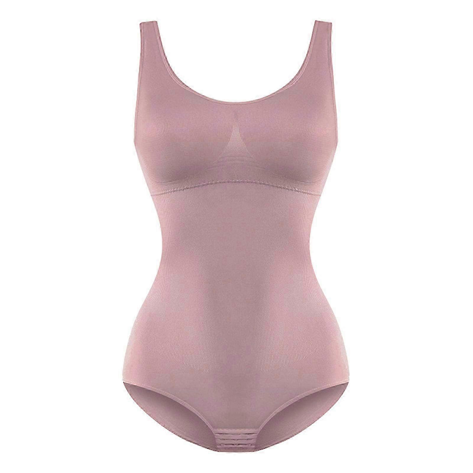 Women's Slimming Bodysuit Shapewear with Wide Straps & Scoop Neck - Tummy Control Bodycon Jumpsuit in Bean Paste Color, Size L