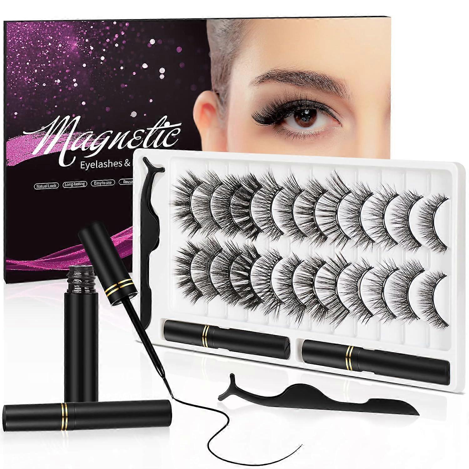 3D Natural Magnetic Eyelashes with Eyeliner Set, Lightweight Lashes Natural Look, 12 Pairs False Eyelashes Set, No Glue Required Reusable Easy t