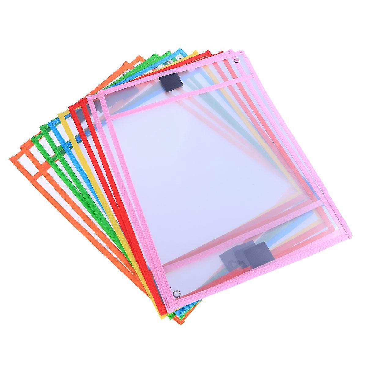 10 Pack Reusable Dry Erase Pocket Sleeves with Wipe Pockets, Assorted Colors, Includes Marker Holder and Grommet for School and Office Use