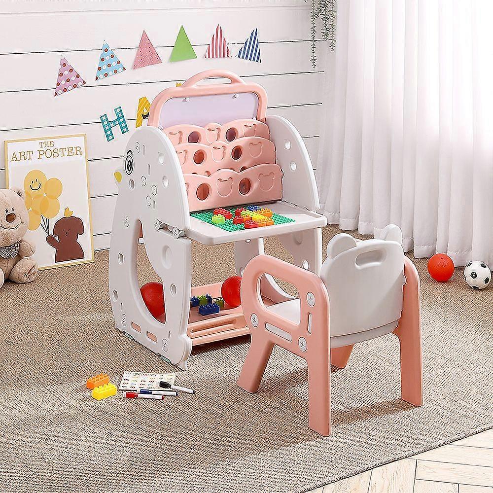 Kids Study Table and Chair Set Adjustable Easel Desk Chair Set with Book Rack