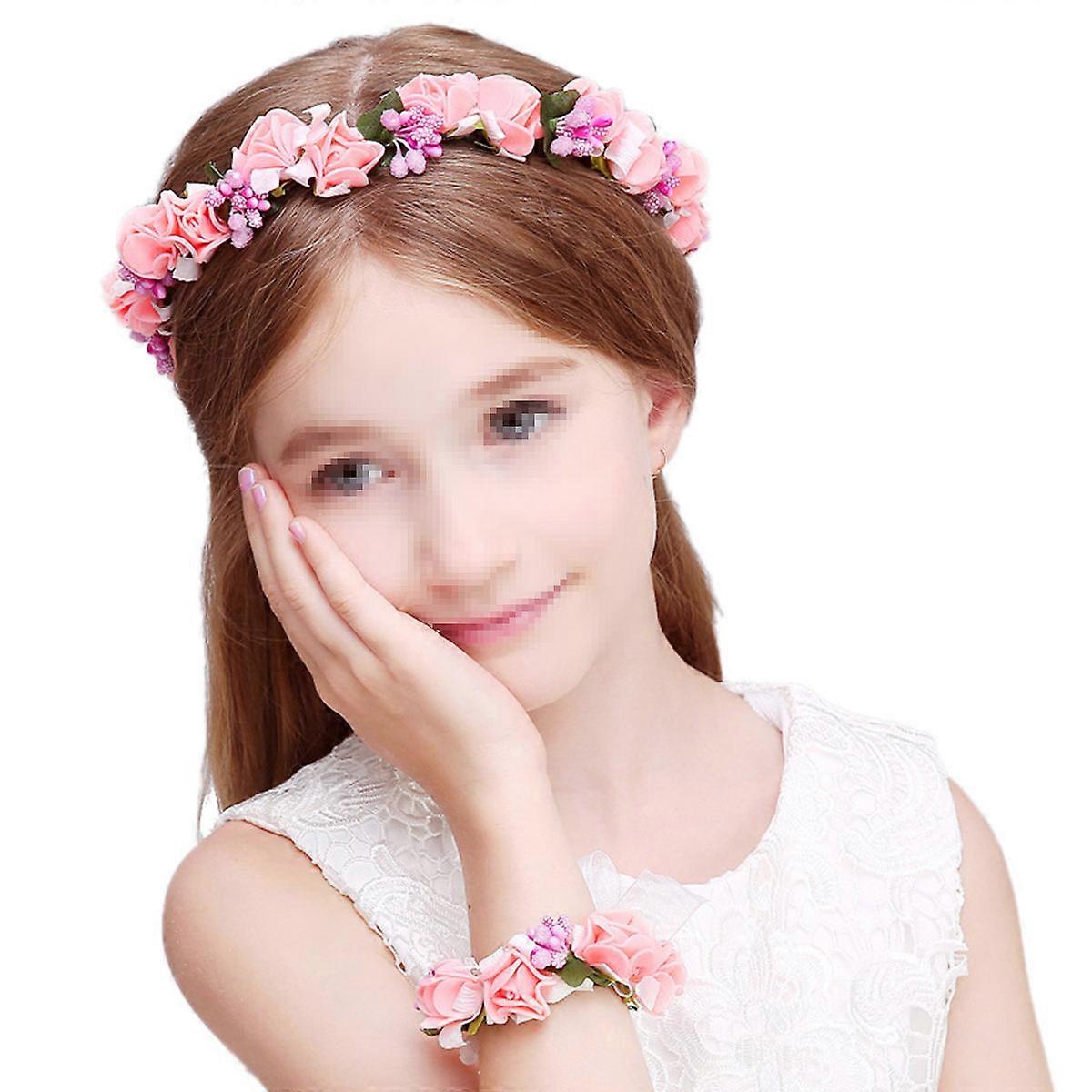 Pink Flower Headband and Wristband with Ribbon for Wedding Decoration and Photo Prop Realistic PE Foam Flowers One Size Fits Most